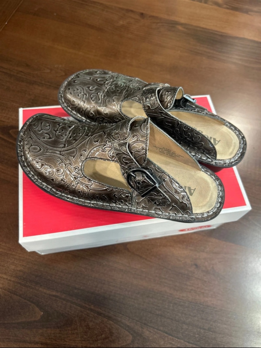 Alegria Metallic Bronze Embossed Slip-On Clogs